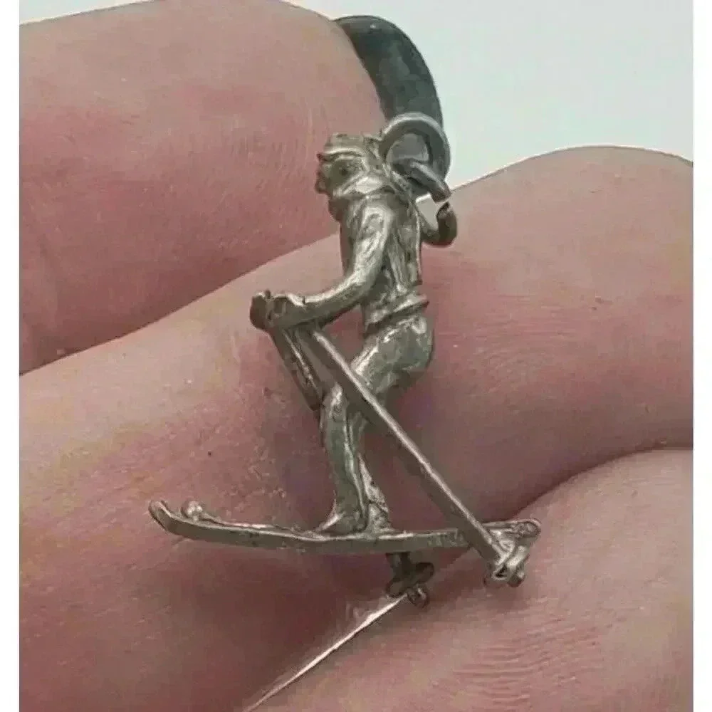 Vintage Ski Sterling Silver 925 Charm Skier Pendant Large 3D Figural Detailed